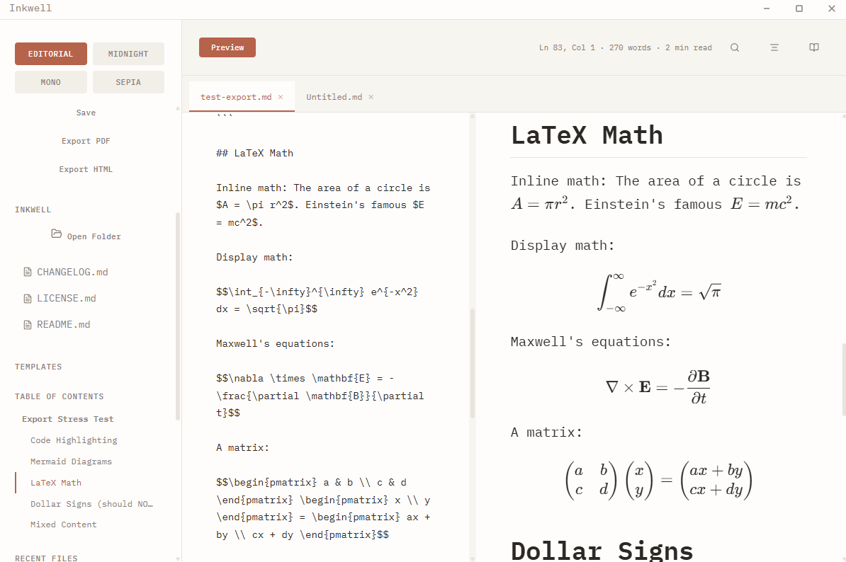 Inkwell markdown editor in Editorial theme showing file tree, LaTeX math source, and live-rendered equations in split-view preview