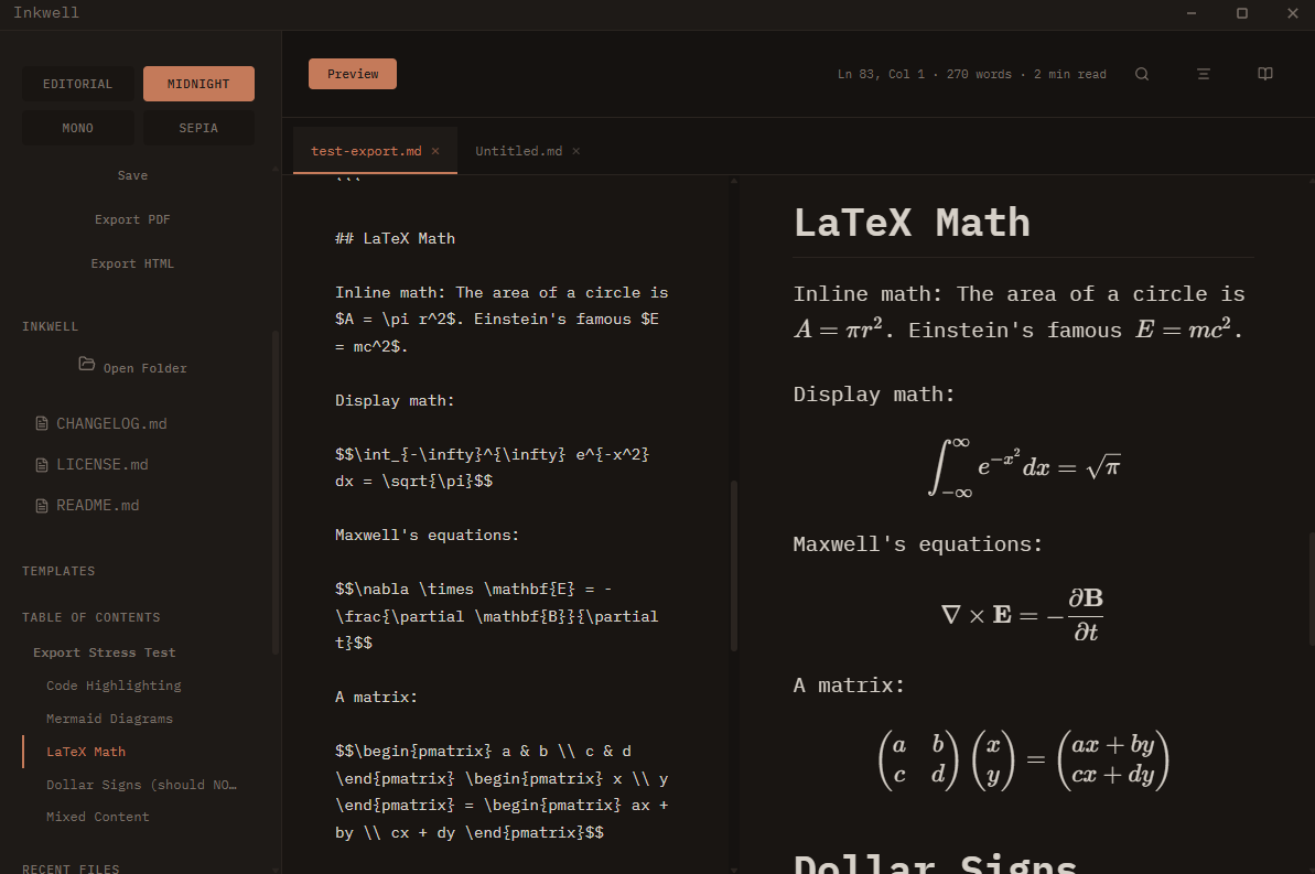Inkwell markdown editor in Midnight dark theme with LaTeX math rendering and file tree sidebar