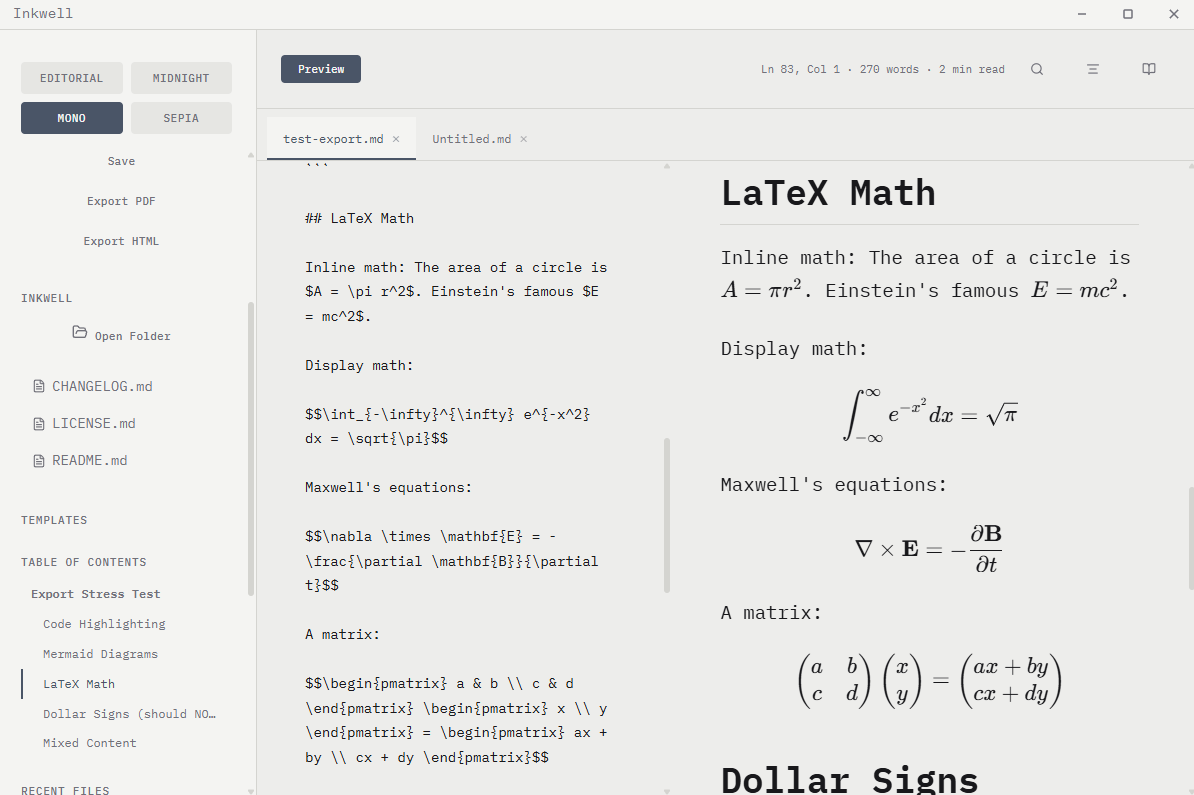Inkwell markdown editor in Mono theme with monochrome styling, LaTeX math, and split-view preview